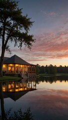Fototapeta premium Golf clubhouse by a serene lake at sunset.