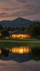Golf clubhouse by a serene lake at sunset.