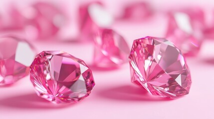 Fototapeta premium Beautifully Cut Pink Diamonds Glimmering on a Soft Pink Background, Showcasing Their Sparkling Facets and Luxurious Appearance in a Bright and Cheerful Setting