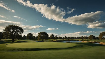 Obraz premium Golf course with green grass and blue skies.