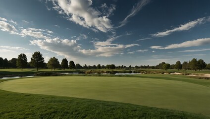 Obraz premium Golf course with green grass and blue skies.