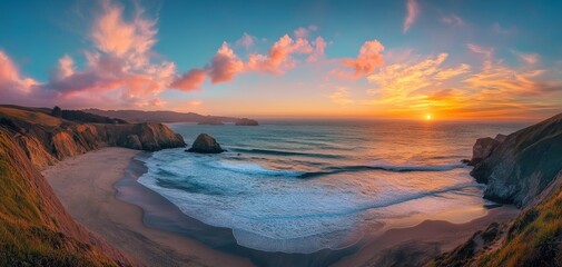 Naklejka premium Breathtaking Sunset Over Serene Ocean Waters with Soft Waves and Dramatic Clouds at a Scenic Coastal Landscape