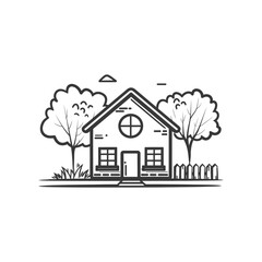 Line Drawing Of A House With Two Trees And A Fence