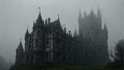 Fototapeta premium Gothic castle enveloped in dense fog.