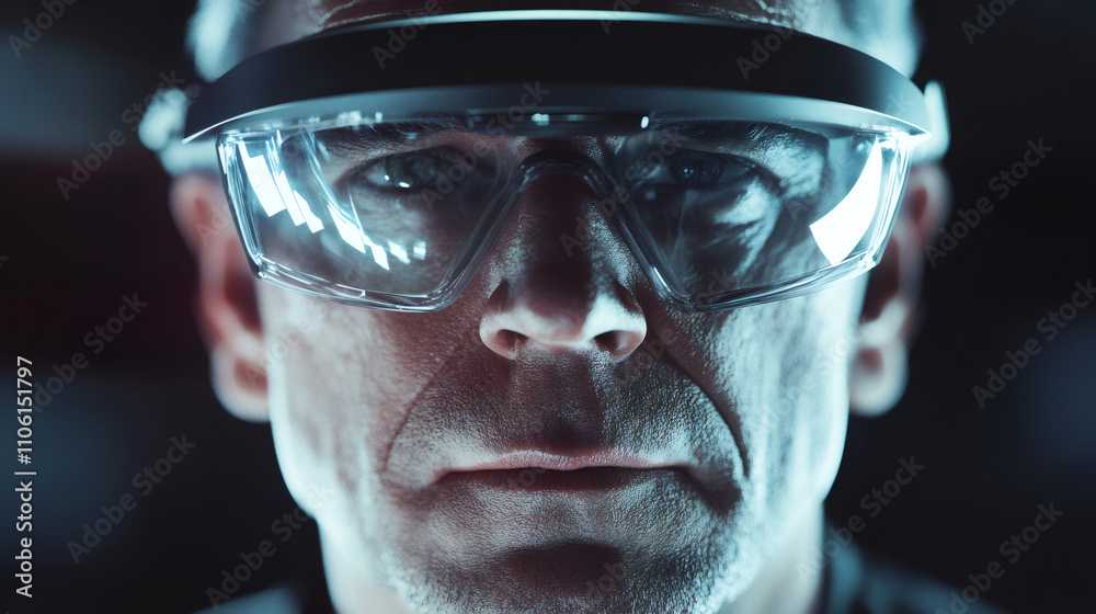 Poster portrait of an engineer in augmented reality glasses, bathed in blue light in a futuristic lab