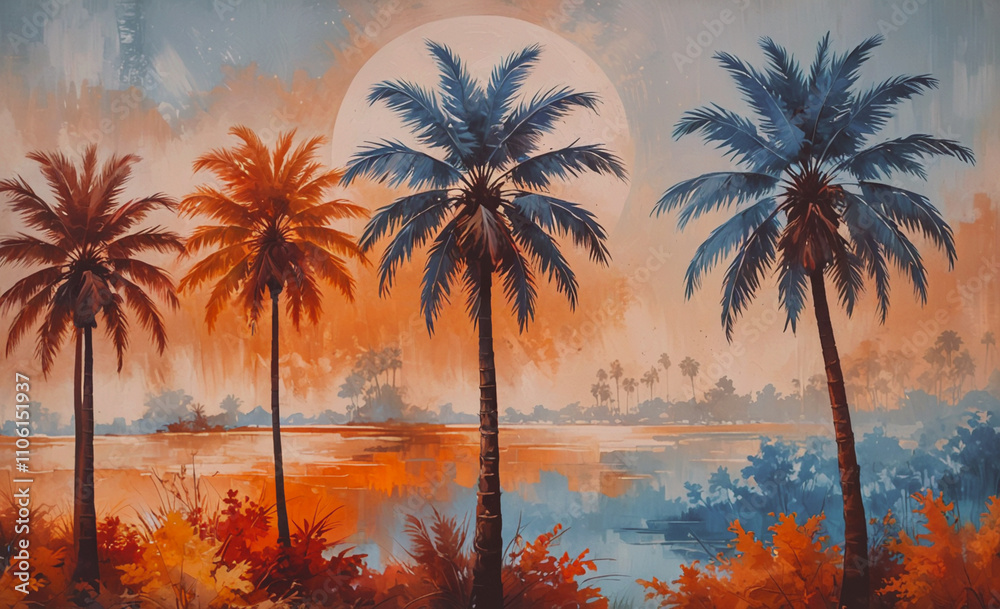 Aufkleber painting of a tropical scene with three palm trees and a large moon. the trees are orange and blue