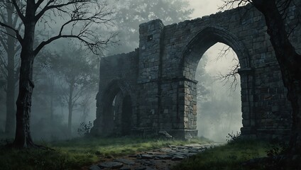 Fototapeta premium Gothic stone arch leading into dense fog, watercolor style.