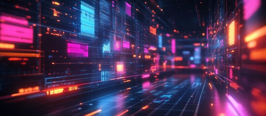 Fototapeta premium Abstract digital corridor with glowing lines and neon lights.