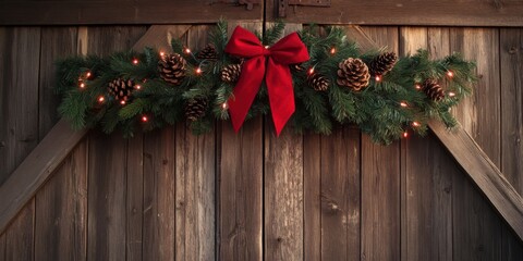 Fototapeta premium Pinecone and evergreen swag hanging over a rustic barn door, decorated with red bows and twinkling lights