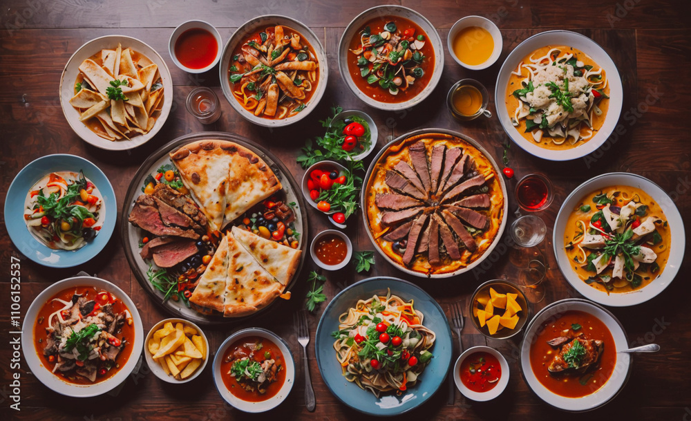 Poster table with many different types of food, including pizza, pasta, and soup. there are also several bo