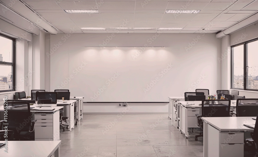 Poster Large open office space with a white board on the wall. There are several desks with chairs and a computer on each desk