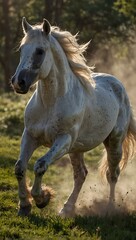 Obraz premium Graceful white horse galloping in sunlight.