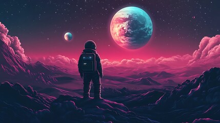Fototapeta premium Astronaut Contemplates Alien Landscape Underneath Two Planets