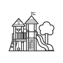 Line Drawing Of A Playground With A Slide Swings And A Climbing Wall