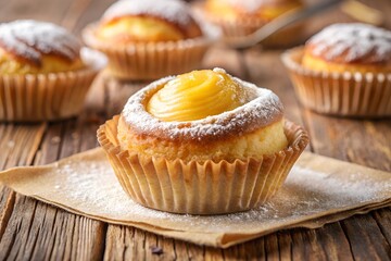 Pasticciotto Leccese, a traditional Italian pastry filled with creamy egg custard, dusted with powdered sugar, and baked to golden perfection. A classic delicacy from Southern Italy.