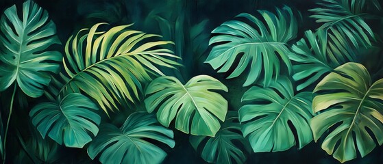 A vibrant illustration of lush green tropical leaves in a dark background.