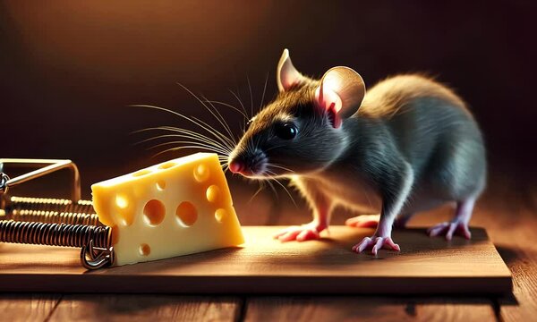 A rat stands near a trap with cheese. Gray Mouse and a mousetrap with a piece of cheese. Concept: Temptation, free cheese in a mousetrap.