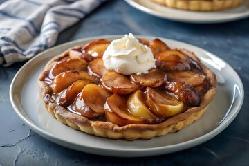 French tarte Tatin topped with caramelized apple slices and a dollop of whipped cream, served on a white plate with a blue-striped cloth for a refined yet rustic presentation.
