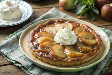  Traditional tarte Tatin with caramelized apple slices, arranged on a buttery crust and topped with fresh whipped cream, served on a beige plate with a green-striped napkin for a rustic touch.
