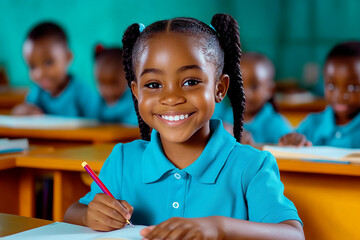 African student wearing a blue uniform and writing with a pen at her desk.