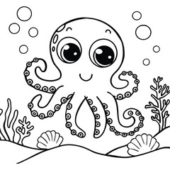 A cute octopus line art coloring book page vector art illustration on white background.