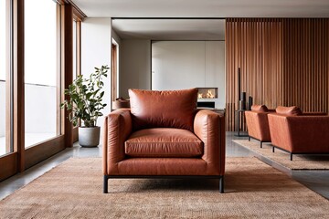 Rustic Terracotta Armchair in Spacious Modern Lounge with Minimalist Interior Decoration and Warm Tones