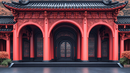 Ancient Chinese arched building entrance with vibrant red columns and intricate designs, showcasing traditional architecture and cultural heritage