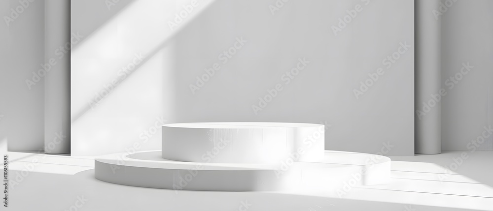 Aufkleber Minimalist White Display Platform in Bright Modern Studio with Soft Shadows and Light Streaming Through Windows Creating an Elegant Atmosphere