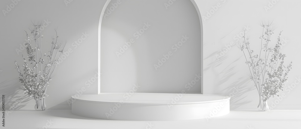 Poster modern minimalist studio background with white arch and floral arrangements for product display and 