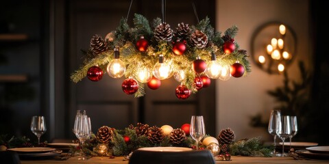 Pinecone and ornament-adorned chandelier, casting a warm glow over the holiday dining table, enhancing the festive ambiance