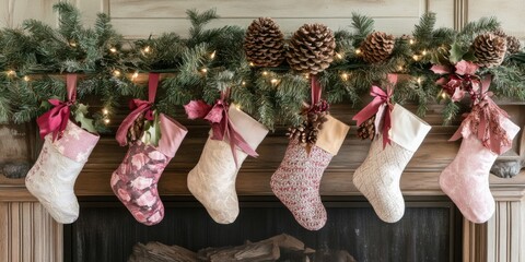 Pinecone and ribbon-adorned stocking holders on a mantel, supporting festive stockings filled with holiday treats