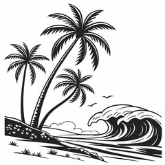 Tropical island palm trees and ocean waves vector silhouette 