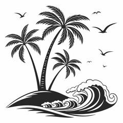 Tropical island palm trees and ocean waves vector silhouette 