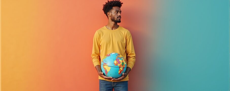Man in yellow sweater holding a globe against a vibrant orange and turquoise wall, symbolizing a connection with the world