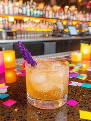 Festive mardi gras cocktail with confetti and candlelight in a vibrant bar setting © mikhailberkut