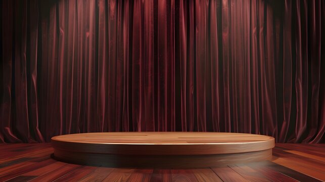 Elegant stage setting with rich red curtains and a polished wooden platform, perfect for performances, presentations, and theatrical events