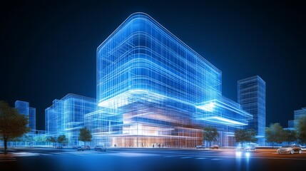 Fototapeta premium Futuristic building architectural blueprint at night.