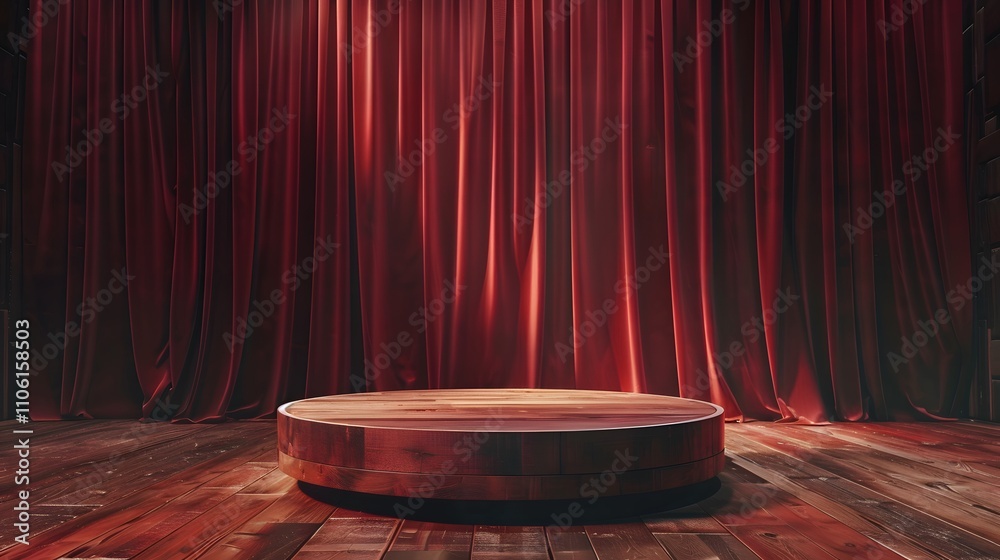 Poster Empty stage with a circular wooden platform illuminated by soft light in front of red velvet curtains, creating an atmosphere suitable for performances and presentations.