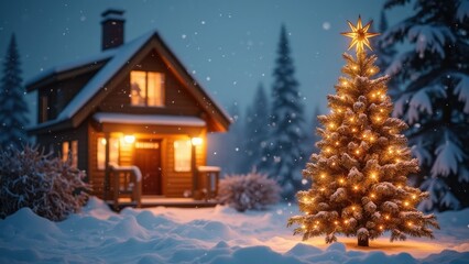Cozy Winter Evening With Glowing Christmas Tree Outside Cabin