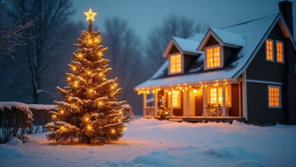 Winter Holiday Evening With a Decorated Tree in a Snowy Landscape