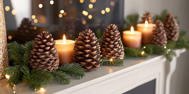 Pinecone-shaped candles arranged on a mantelpiece, surrounded by garlands and shimmering tinsel, exuding holiday warmth