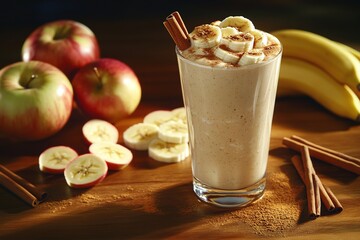 Creamy banana and apple smoothie in a glass topped with banana slices and cinnamon sticks on a wooden table surrounded by fresh apples and bananas