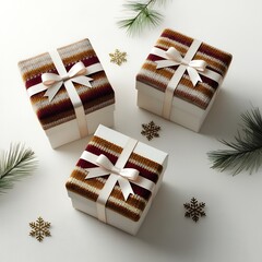 Christmas and happy new year sale baner, snowflakes and gift boxes, bright colors, 3D illustration.