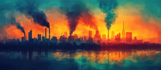 Silhouette of a city skyline at sunset with smoke from factories polluting the air.