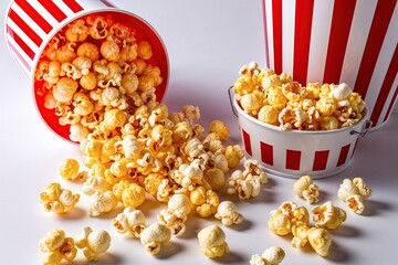 Tasty Popcorn Overflowing from Classic Striped Bucket on White Background