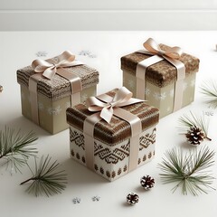 Christmas and happy new year sale baner, snowflakes and gift boxes, bright colors, 3D illustration.