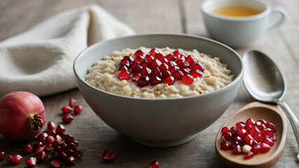 Simple Porridge with Winter Fruit A bowl of creamy oatmeal topped with thinly sliced pear, pomegranate seeds, and a drizzle of honey. The bowl is set on a light wooden table with a neutral linen napk