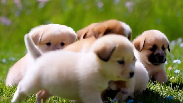 puppies sitting together in a field cute dog group pet animals outdoor portrait fluffy friends playful pups springtime nature scenery puppy love dog companions furry pets family