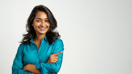 Image of a beautiful, smiling Indian woman posing and pointing her finger to the side. The image is blank, advertising, communication.