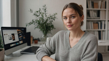 Young woman in gray sweater working at a desk with computer in home office